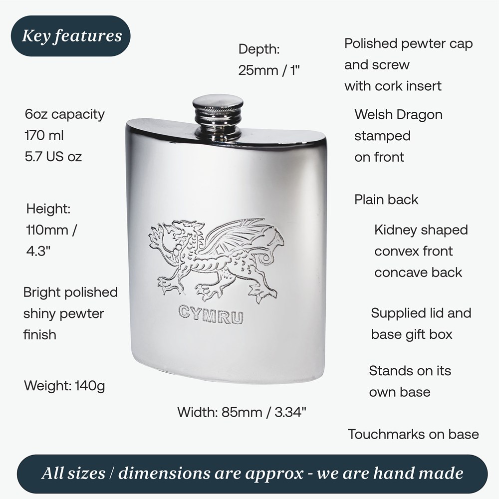 6oz Welsh Dragon Pewter Kidney Hip Flask