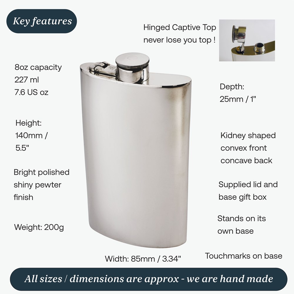 8oz Plain Pewter Kidney Hip Flask With Captive Top