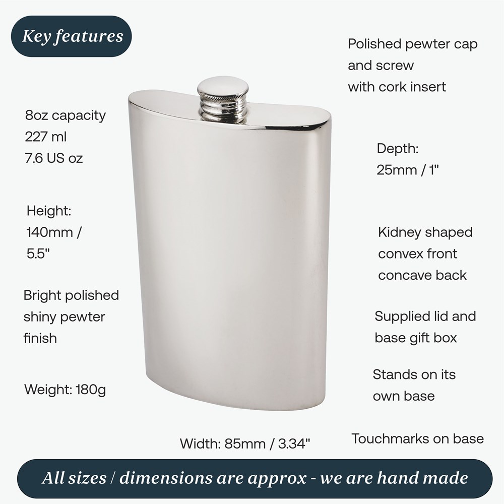 8oz Plain Pewter Kidney Hip Flask 8oz Plain Pewter Kidney Hip Flask