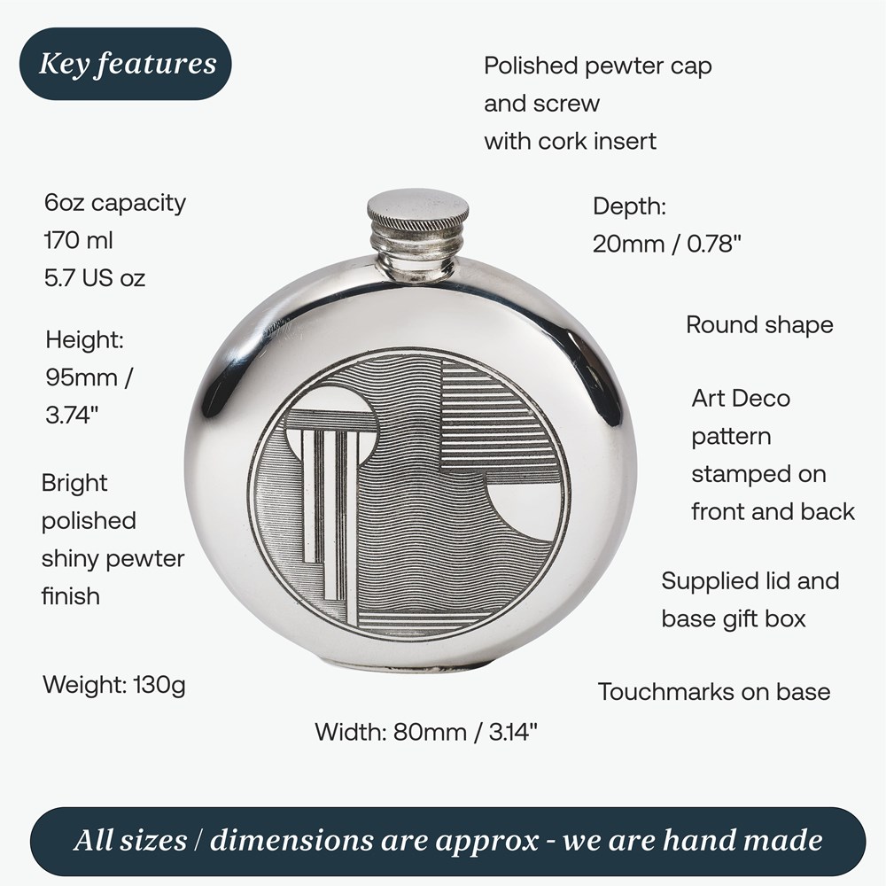 6oz Round Pewter Art Deco Flask 6oz Round Pewter Art Deco Flask