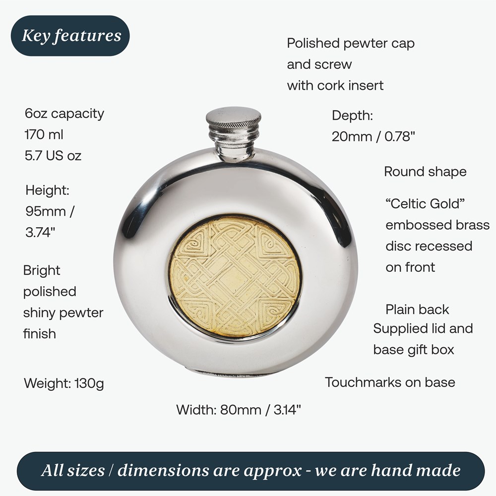 6oz Round Pewter Celtic Gold Flask