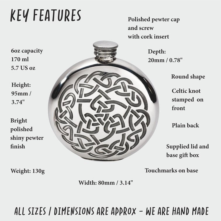 6oz Round Pewter Celtic Knot Flask