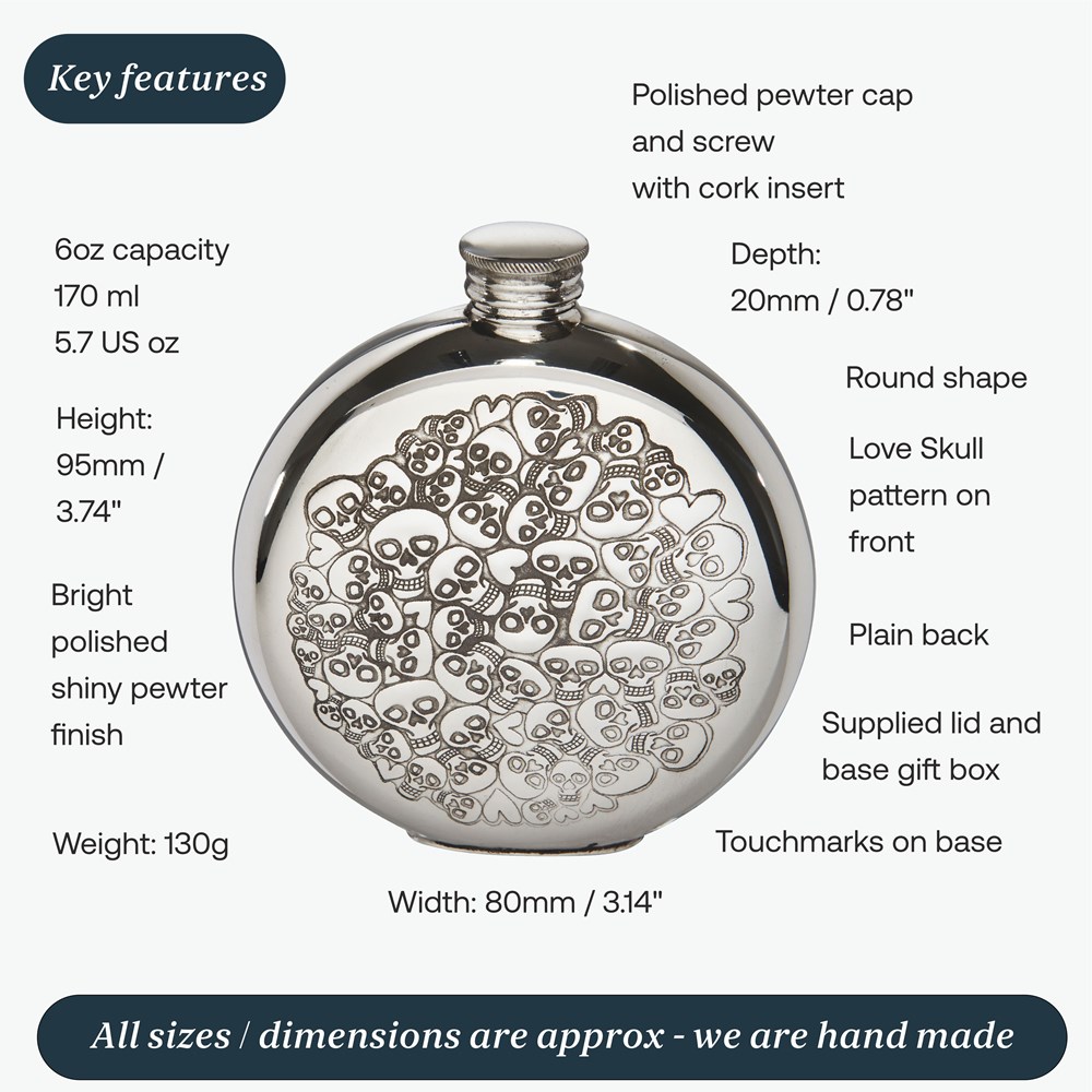 6oz Round Pewter Love Skull Flask 6oz Round Pewter Love Skull Flask