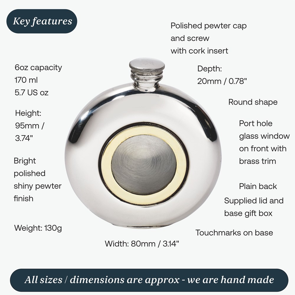 6oz Round Brass Porthole Pewter Flask 6oz Round Brass Porthole Pewter Flask