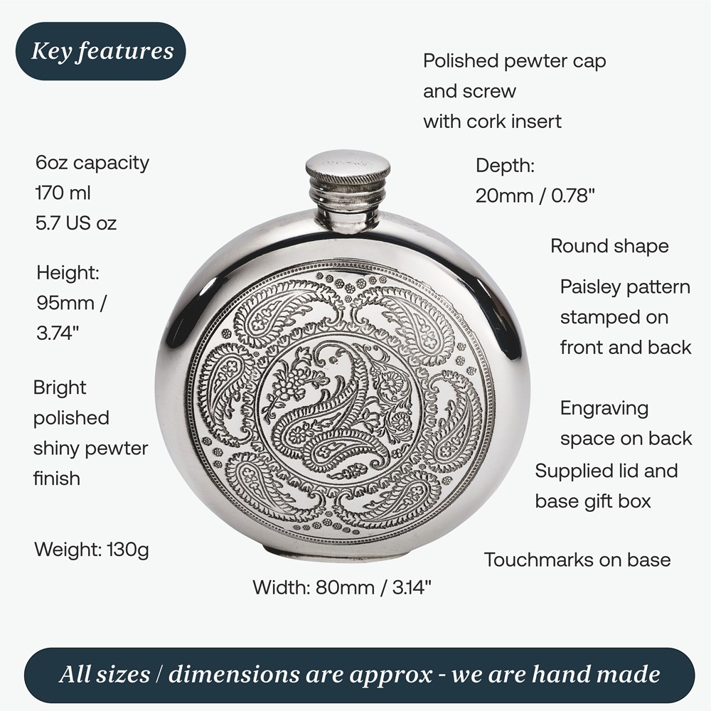 6oz Round Pewter Paisley Flask 6oz Round Pewter Paisley Flask