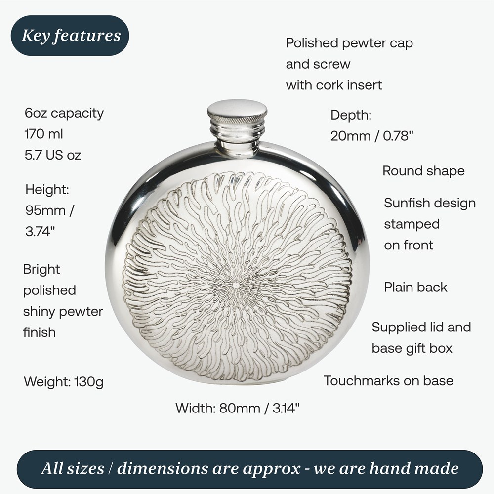 6oz Round Sunfish Pewter Flask 6oz Round Sunfish Pewter Flask