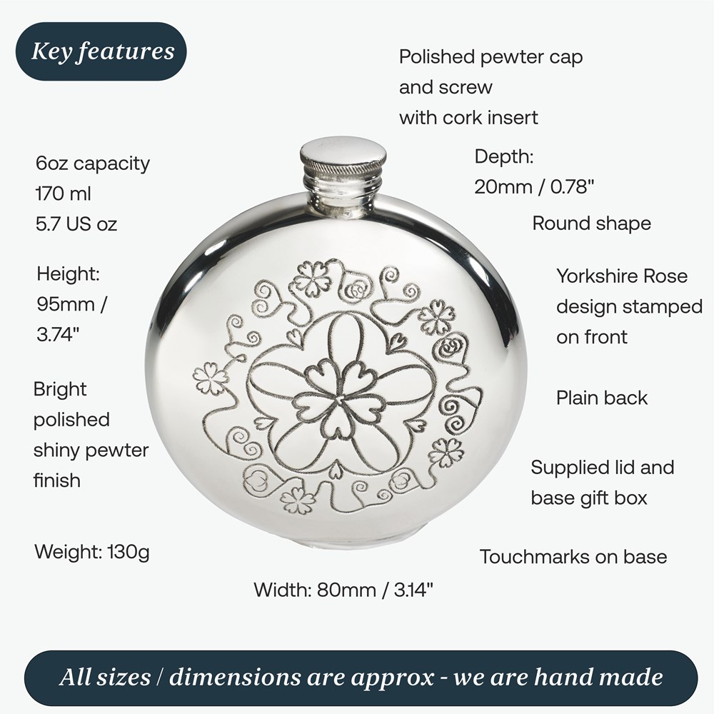 6oz Round Yorkshire Rose Pewter Flask
