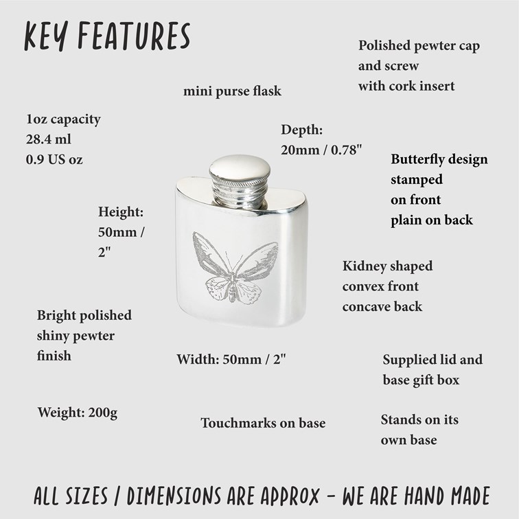 1oz Butterfly Pewter Purse Flask