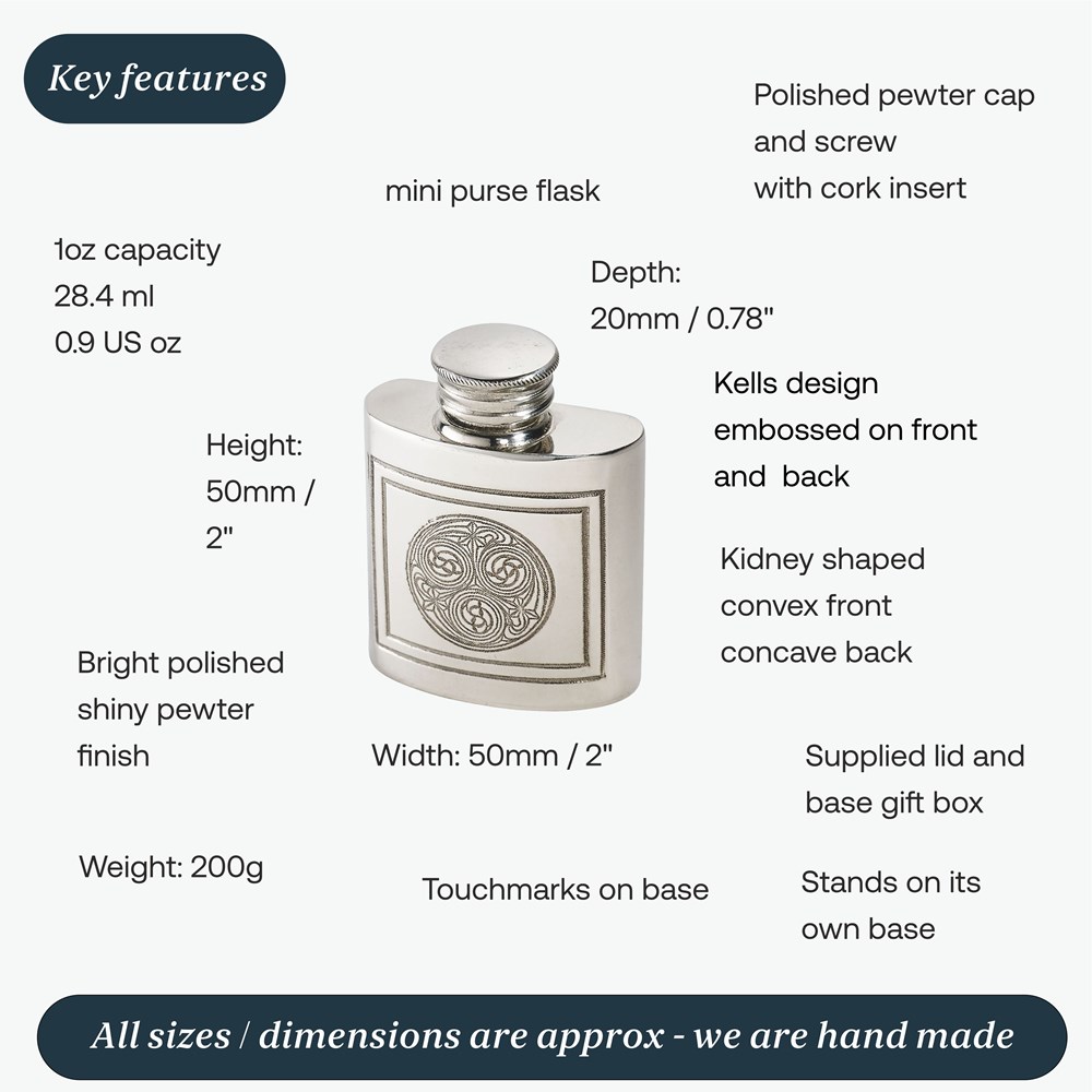 1oz Kells Small Pewter Purse Flask 1oz Kells Small Pewter Purse Flask