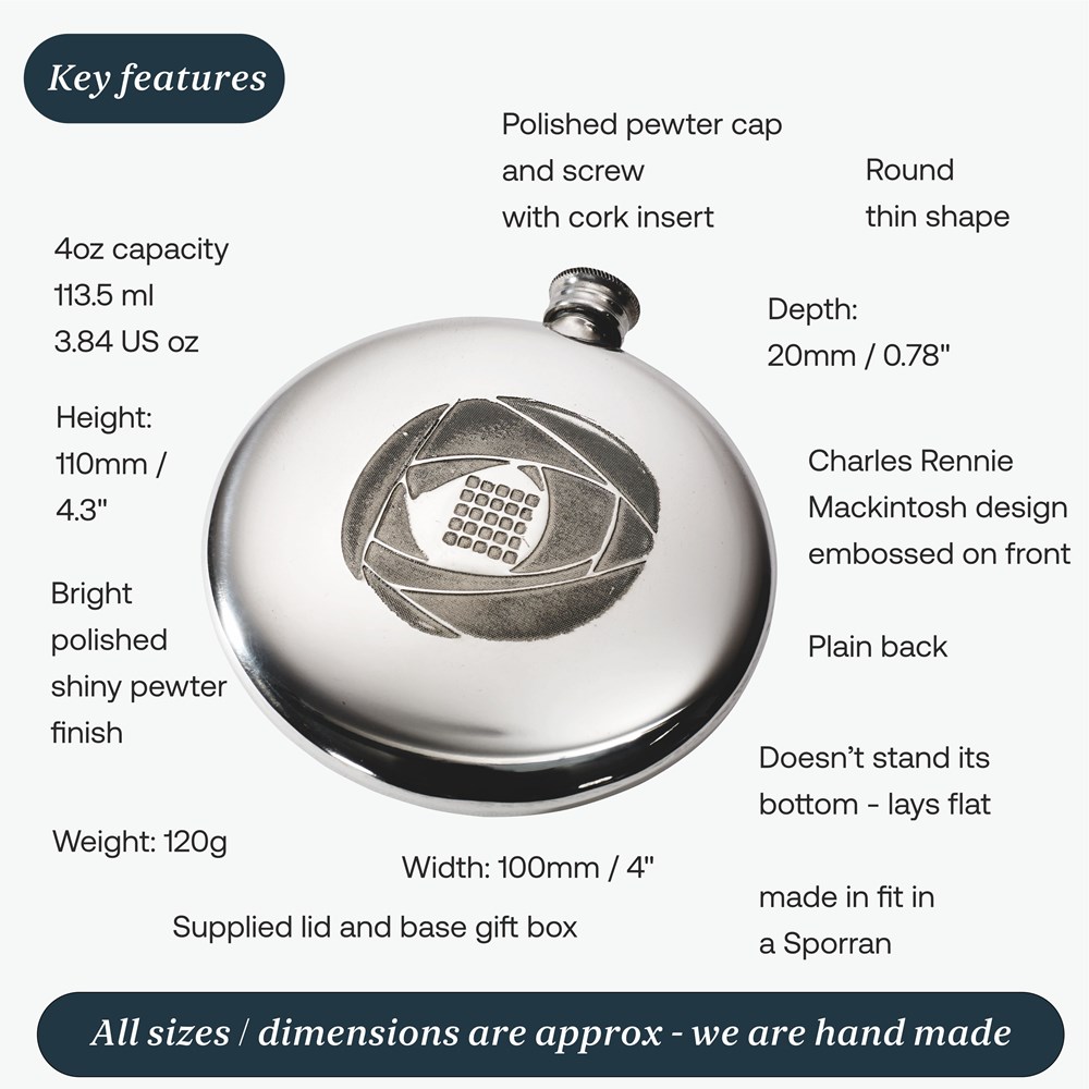 4oz Charles Rennie Mackintosh Pewter Sporran Flask 4oz Charles Rennie Mackintosh Pewter Sporran Flask