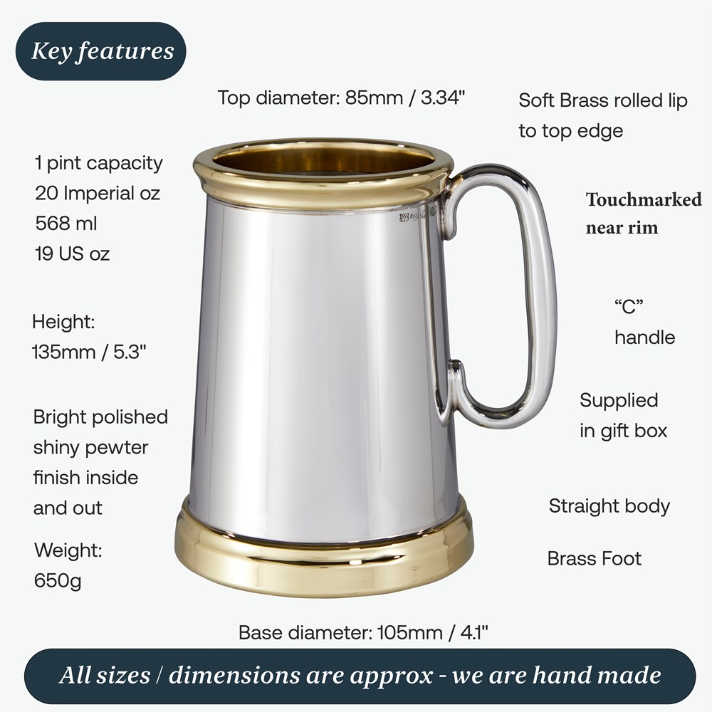 Wortley X Range Pewter And Brass Heavy One Pint Tankard Wortley X Range Pewter And Brass Heavy One Pint Tankard