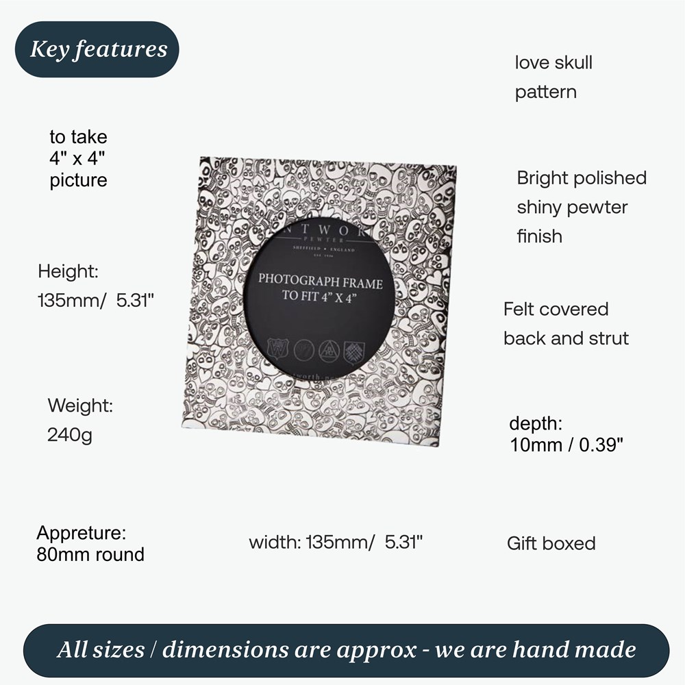 Love Skull Small Pewter 4"X4" Frame