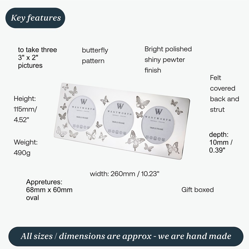 Butterfly Pewter Triple Picture Frame