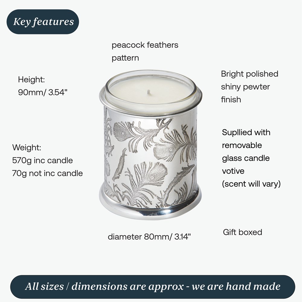 Peacock Patterned Pewter Candle Votive Peacock Patterned Pewter Candle Votive