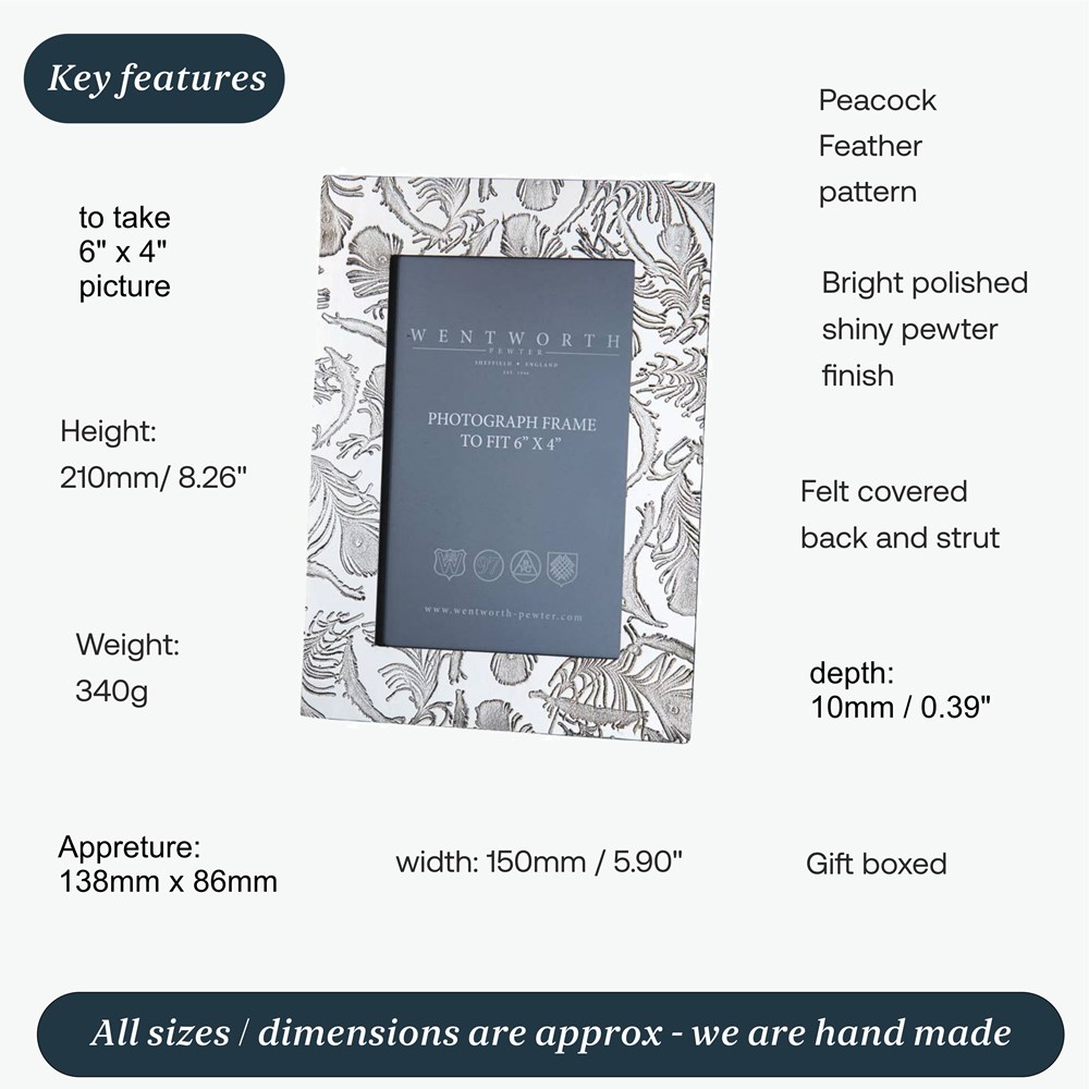 Peacock 6" X 4" Pewter Picture Frame