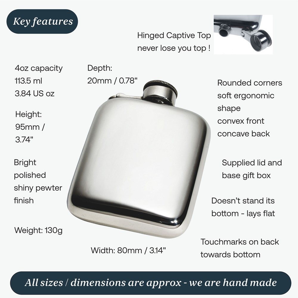 4oz Plain Pewter Pocket Flask With Captive Top