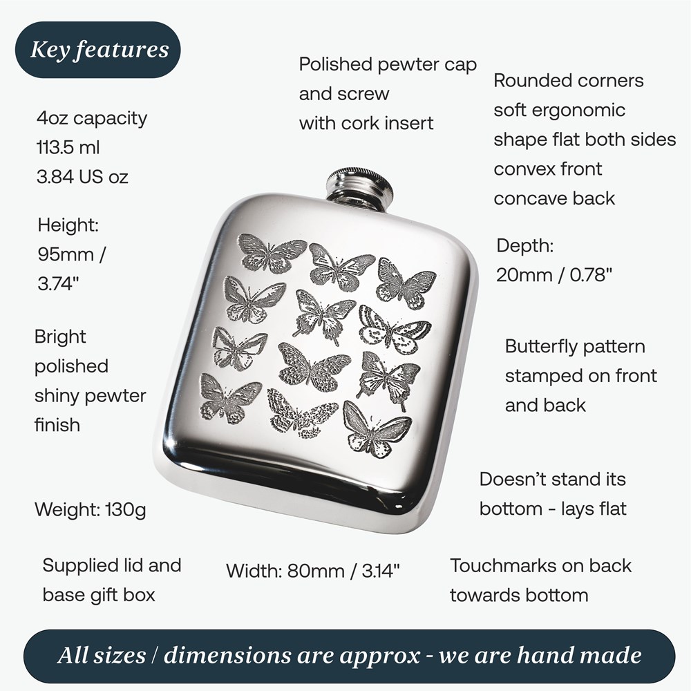 4oz Butterfly Pewter Pocket Flask