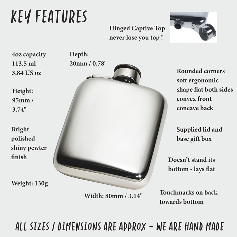 4oz Plain Pewter Pocket Flask With Captive Top