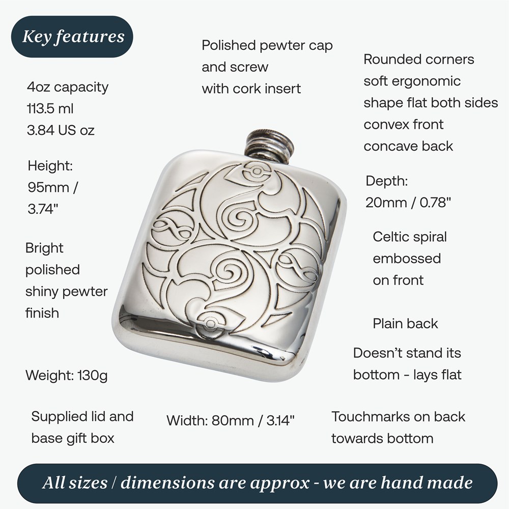Celtic Spirals 4oz Pewter Pocket Flask Celtic Spirals 4oz Pewter Pocket Flask