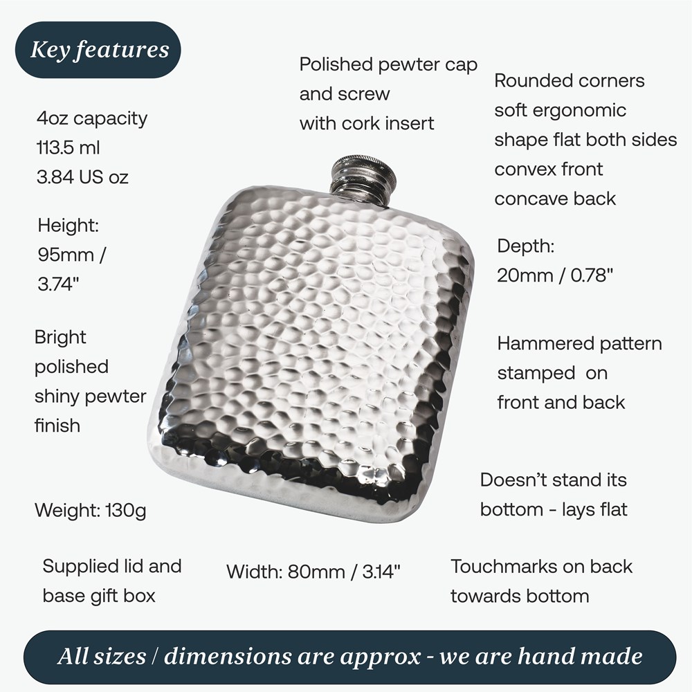 4oz Hammered Pewter Pocket Flask