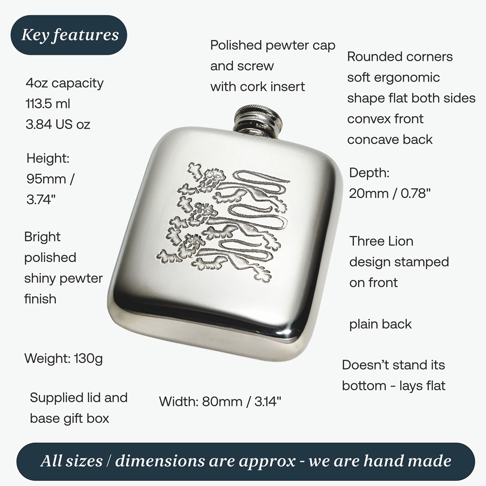4oz Three Lions Pewter Pocket Flask 4oz Three Lions Pewter Pocket Flask