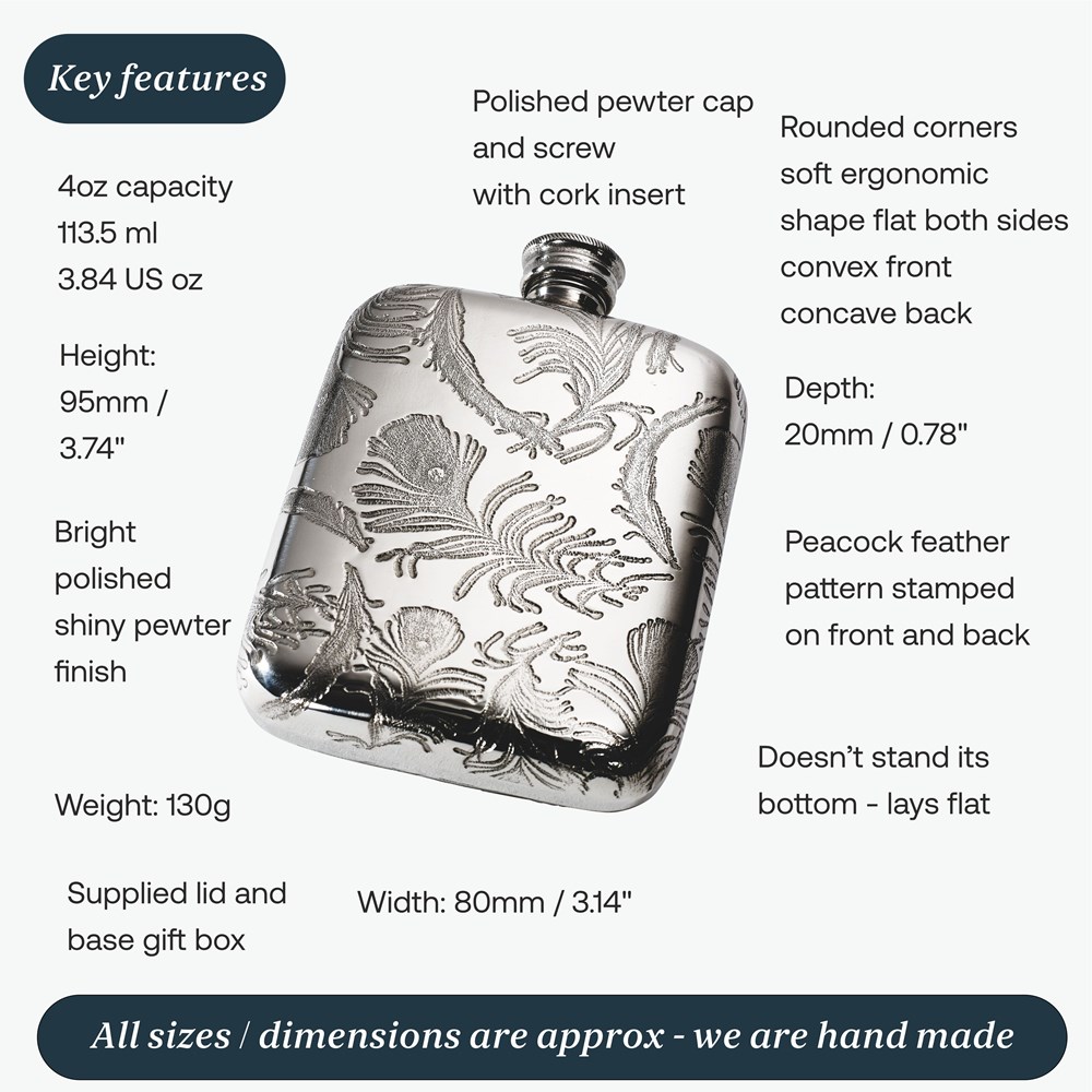 Peacock Pattern 4oz Pewter Pocket Flask