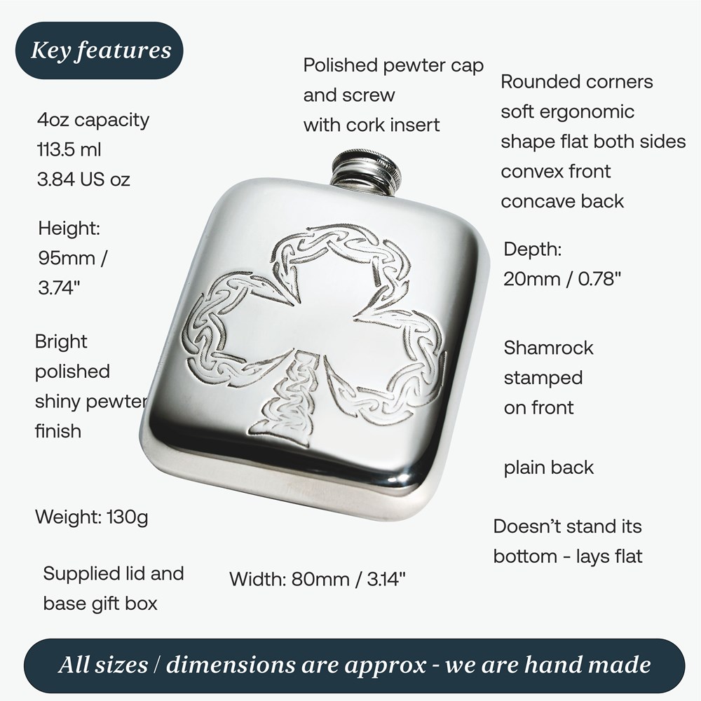 4oz Shamrock Pewter Pocket Flask