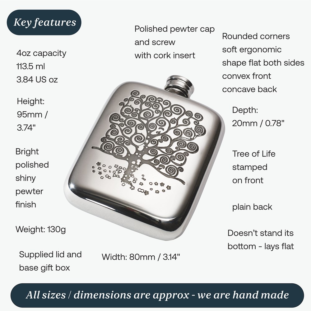 4oz Tree Of Life Tree Pewter Pocket Flask