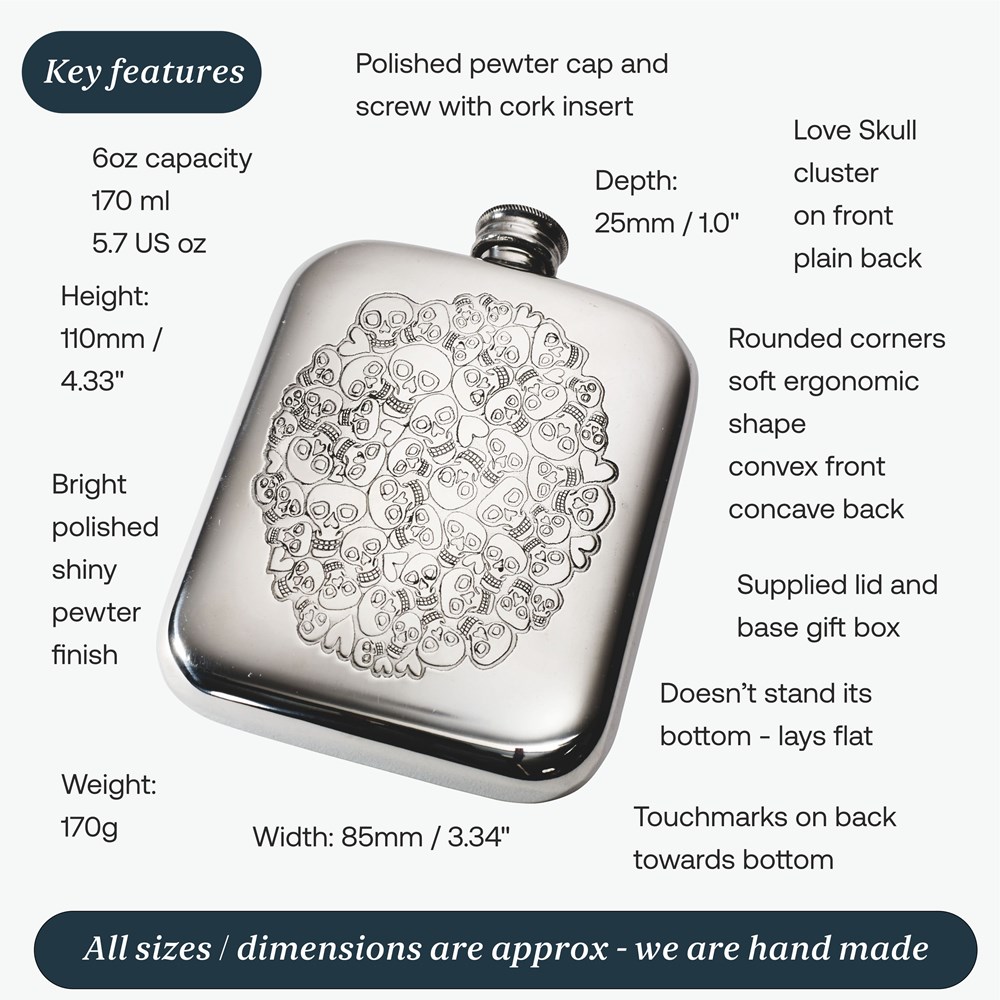 6oz Skull Heart Cluster Pewter Pocket Flask