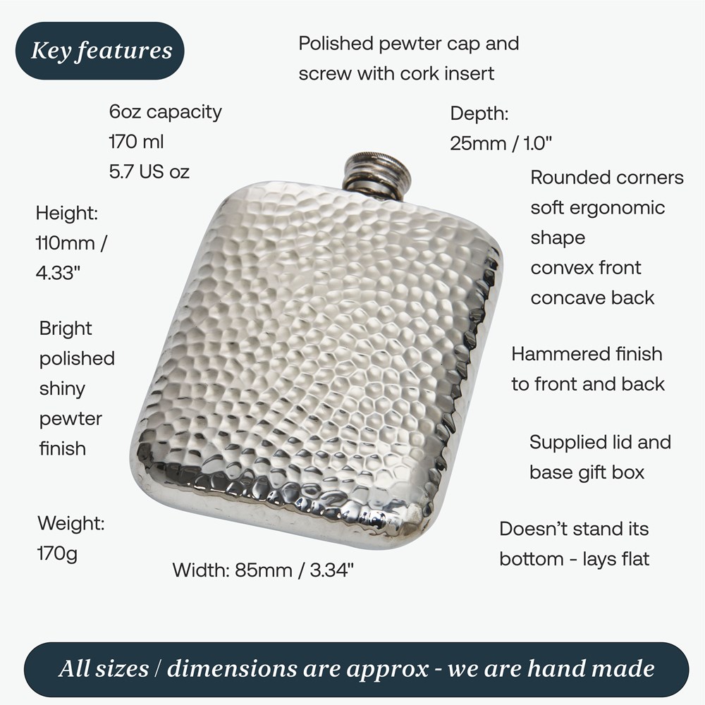 6oz Hammered Pewter Pocket Flask 6oz Hammered Pewter Pocket Flask