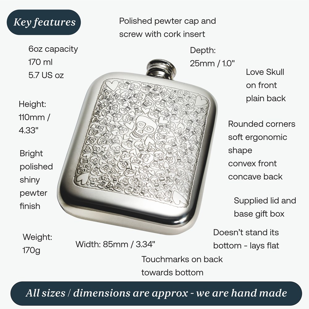 6oz Love Skull Pewter Pocket Flask 6oz Love Skull Pewter Pocket Flask