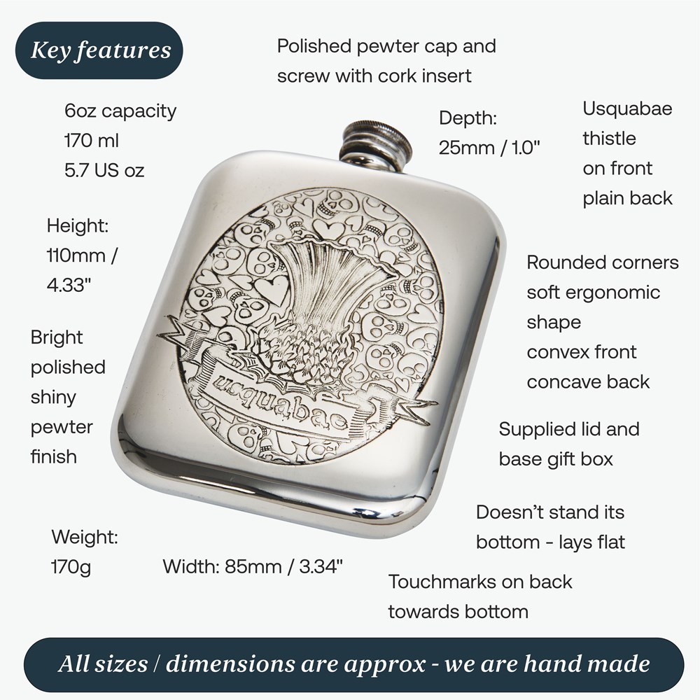 6oz Usquabae Thistle Skull And Hearts Pewter Pocket Flask 6oz Usquabae Thistle Skull And Hearts Pewter Pocket Flask