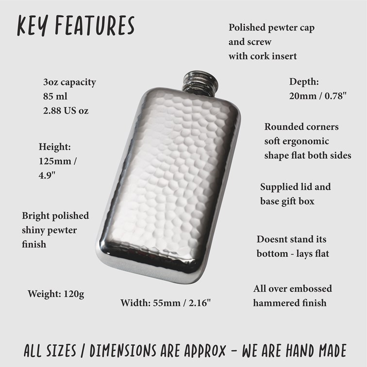3oz Hammered Pewter Pocket Flask