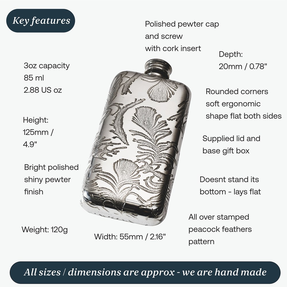 Small Peacock Pewter Pocket Flask