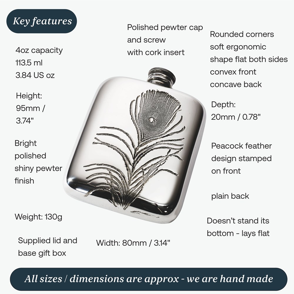 Peacock Feather 4oz Pewter Pocket Flask Peacock Feather 4oz Pewter Pocket Flask