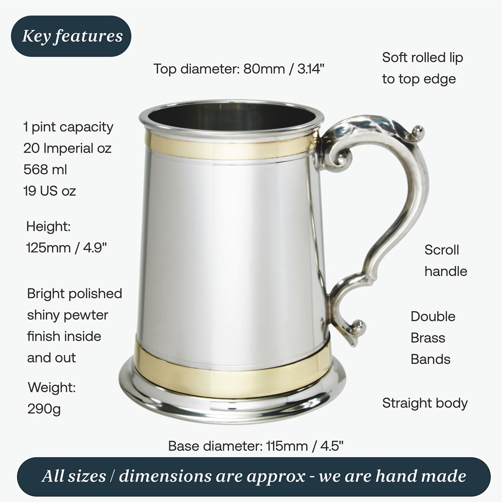 One Pint Double Brass Band Monarch Pewter Tankard