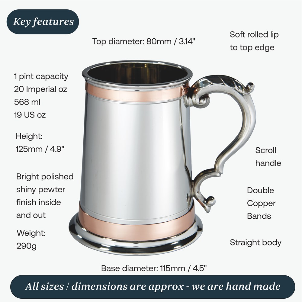 One Pint Double Copper Band Monarch Pewter Tankard