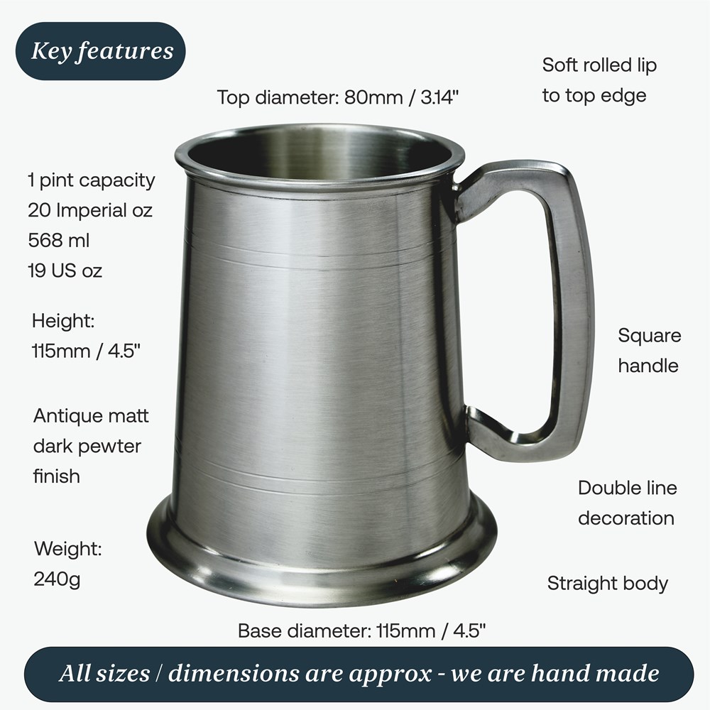 One Pint Antique Finish Lined Pewter Tankard One Pint Antique Finish Lined Pewter Tankard