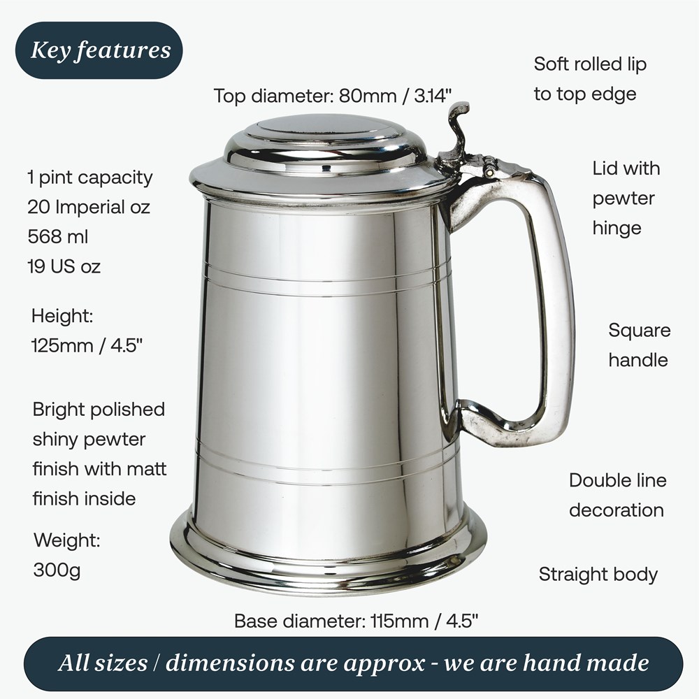 Standard Lidded One Pint Pewter Tankard