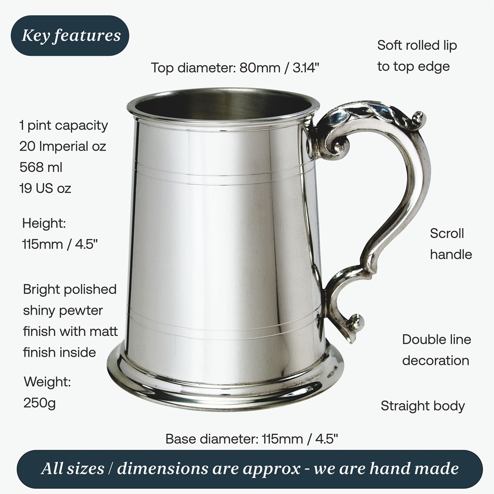 Standard Lined  Fancy Handle One Pint Pewter Tankard