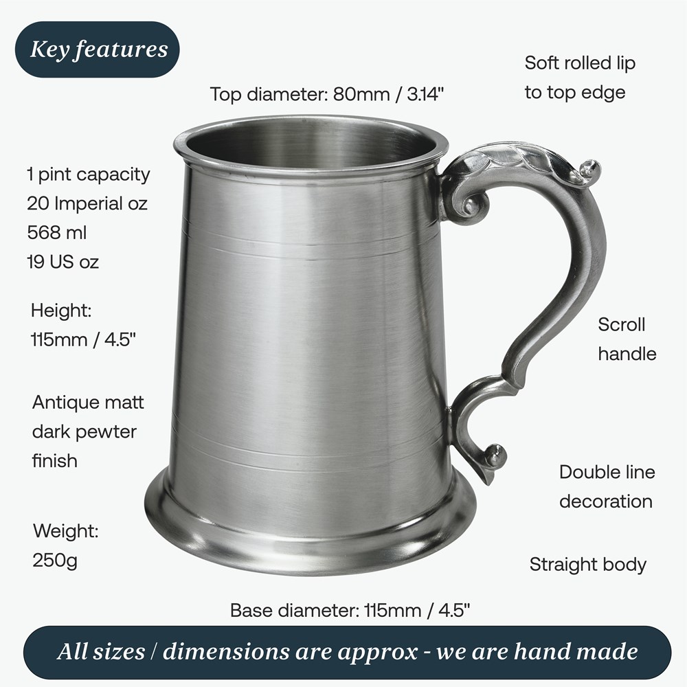 One Pint Antique Fancy Handle Pewter Tankard