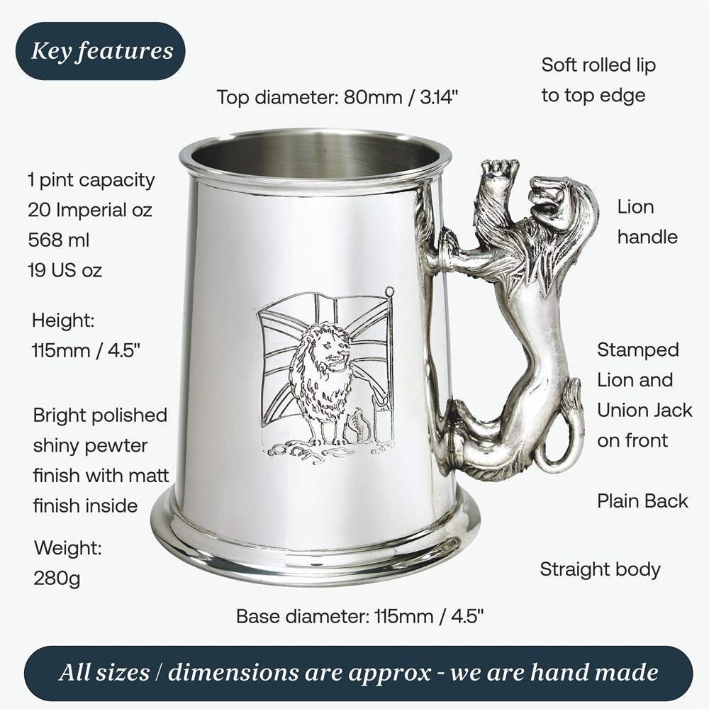 Union Jack Lion Handle One Pint Pewter Tankard