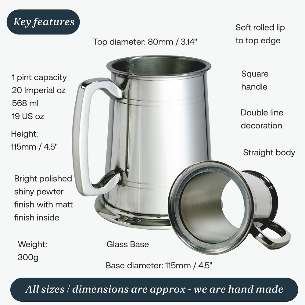 Standard Lined Glass Base One Pint Pewter Tankard