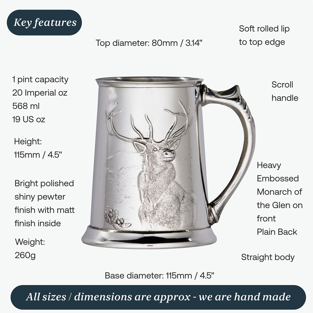 Embossed Monarch of the Glen pewter tankard