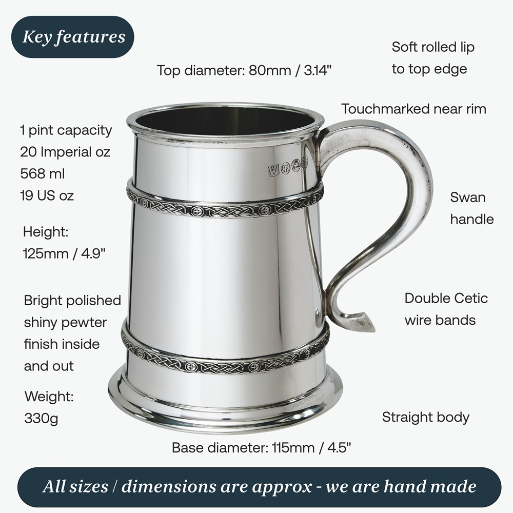 One Pint Double Celtic Bands Pewter Tankard