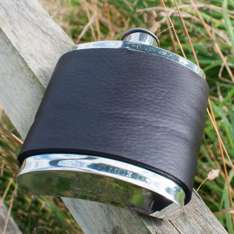 6oz Black Raven Leather Captive Top Pewter Flask