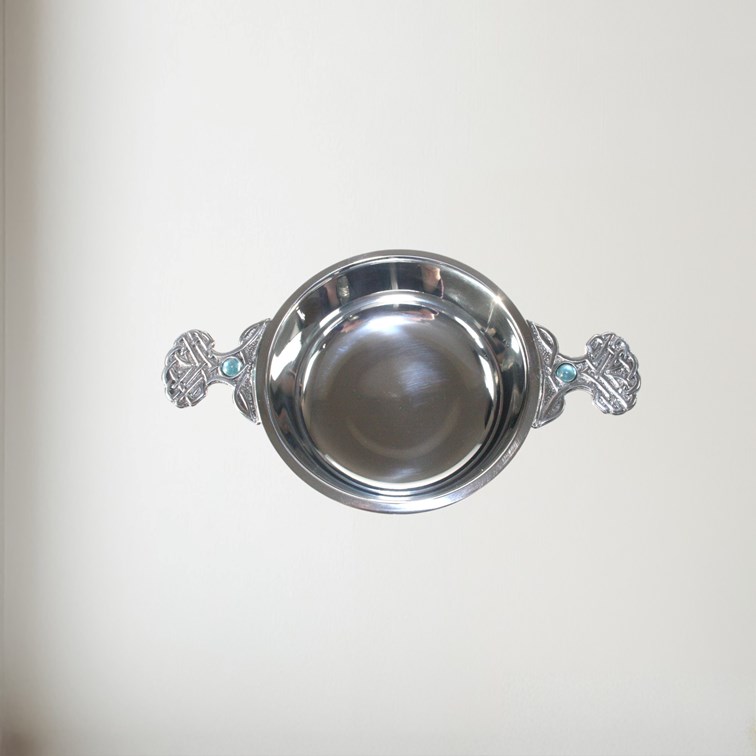 Top View of Birthstone pewter quaich March with Aquamarine Stones