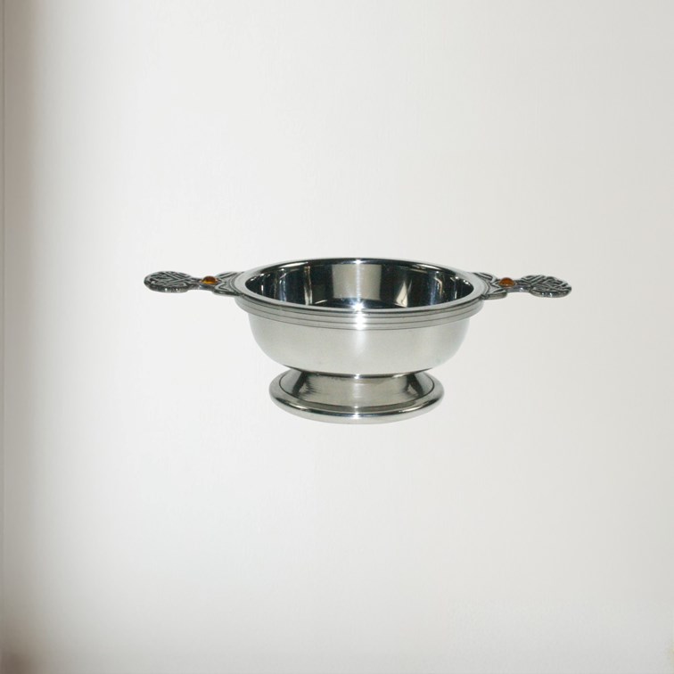 Front Veiw of Birthstone pewter quaich November with Topaz Stones