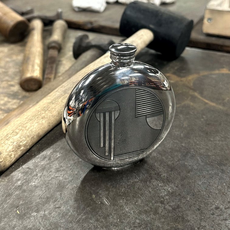 6oz Round Pewter Art Deco Flask