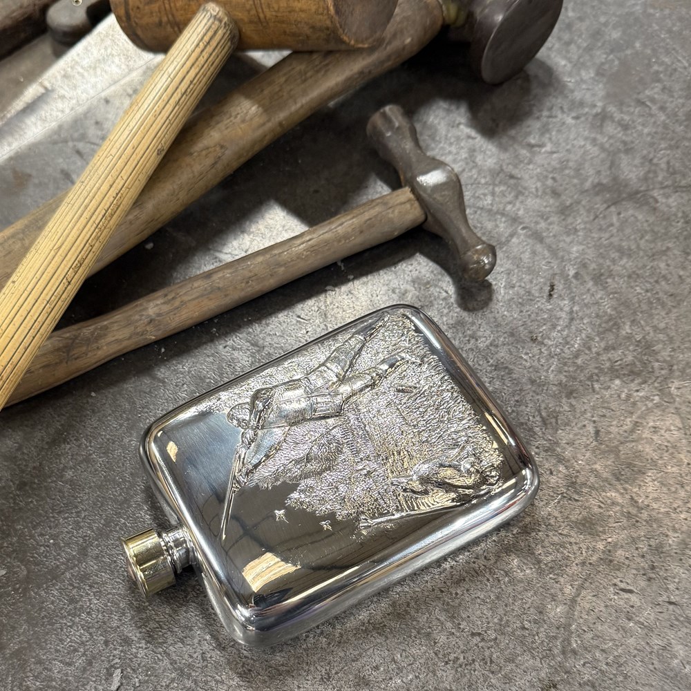6oz Shooting Embossed Pewter Pocket Flask